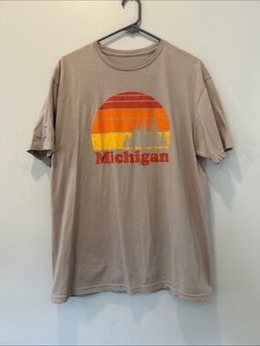 Michigan Short-Sleeve Graphic Tee in Tan with Orange & Yellow Print